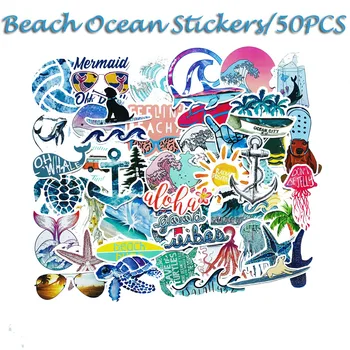 

50pcs Beach Ocean Stickers For Suitcase Satchel Schoolbag Book Bag Pencil Box Folder Phone Laptop Travel Luggage Cool Decals