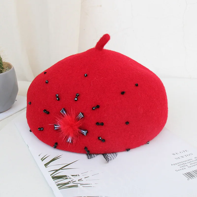 Red FS, винтажный британский стиль, женский зимний шерстяной берет, шапка французского художника, Шапки, береты, Женский капот, теплая прогулочная шапка - Цвет: Red