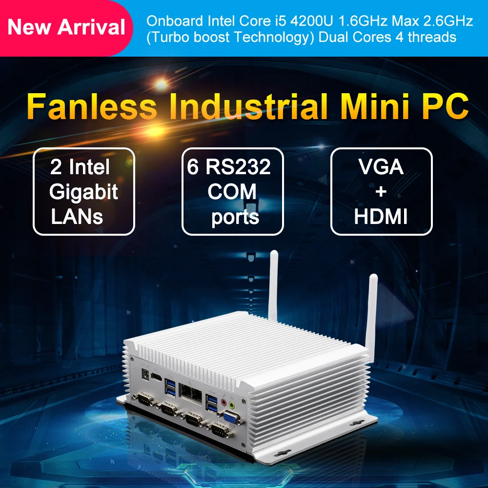 

Industrial computer Fanless Mini PC i7 4500U i5 Windows 10 Pro Linux 2*Intel Lans 6*RS232/485 HDMI VGA 8*USB WiFi Watch Dog3G/4G