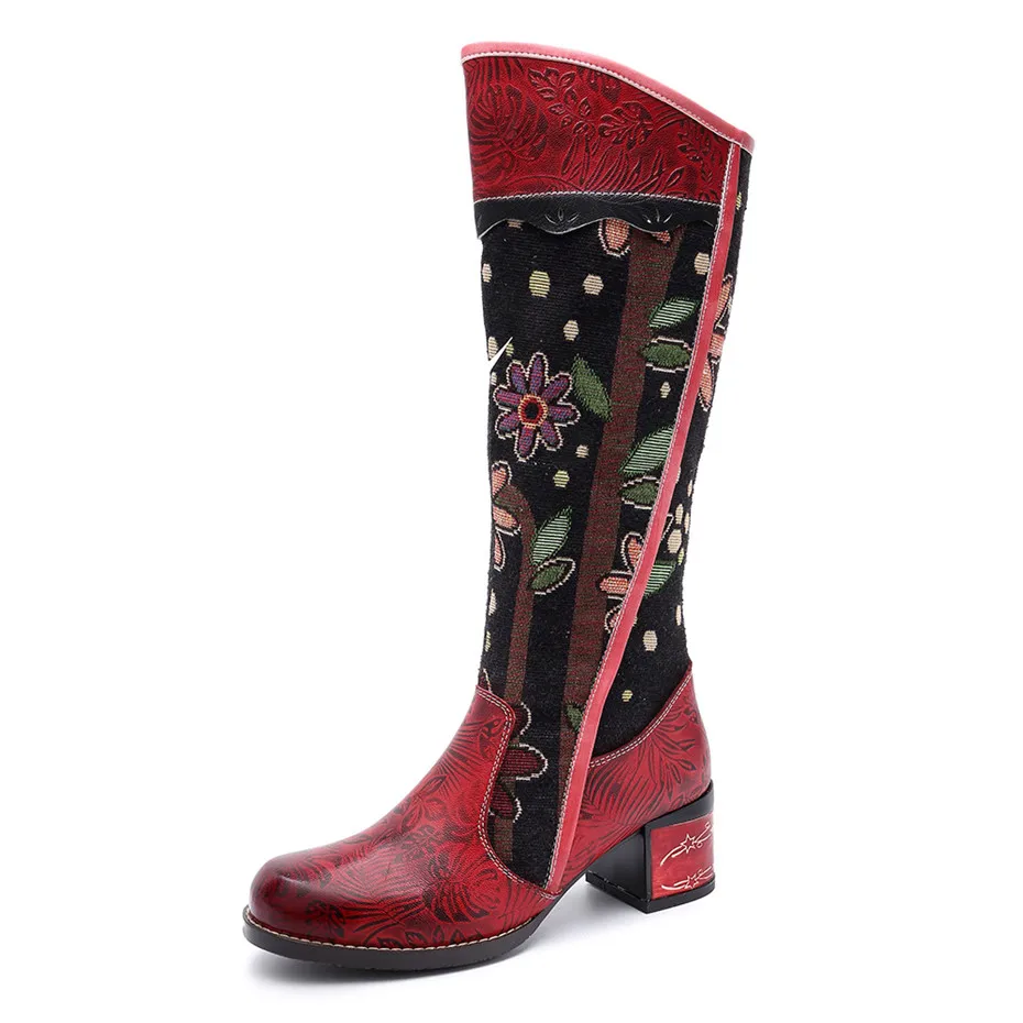 Fashion Patchwork Western Cowboy Boots Women Shoes Bohemian Genuine Leather Shoes Woman Vintage Side Zip Knee High Riding Boots (12)