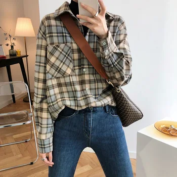 

Mooirue Autumn 2019 Women Boyfriend Shirt Lattice Thickening Long Loose Plaid Long Turn-down Collar Blouse Feminino Cardigan