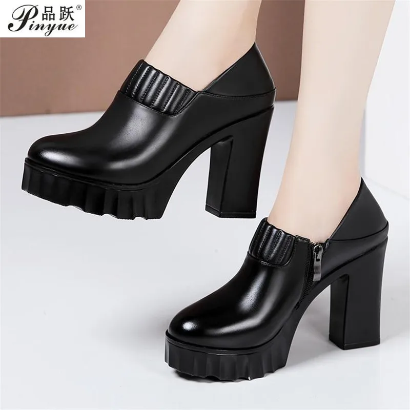 

Women Spring Shoes High Heel New Genuine Leather Ladies Shoes Thick Heel Platform Pumps Fashion Dress Shoes Women size 32 43