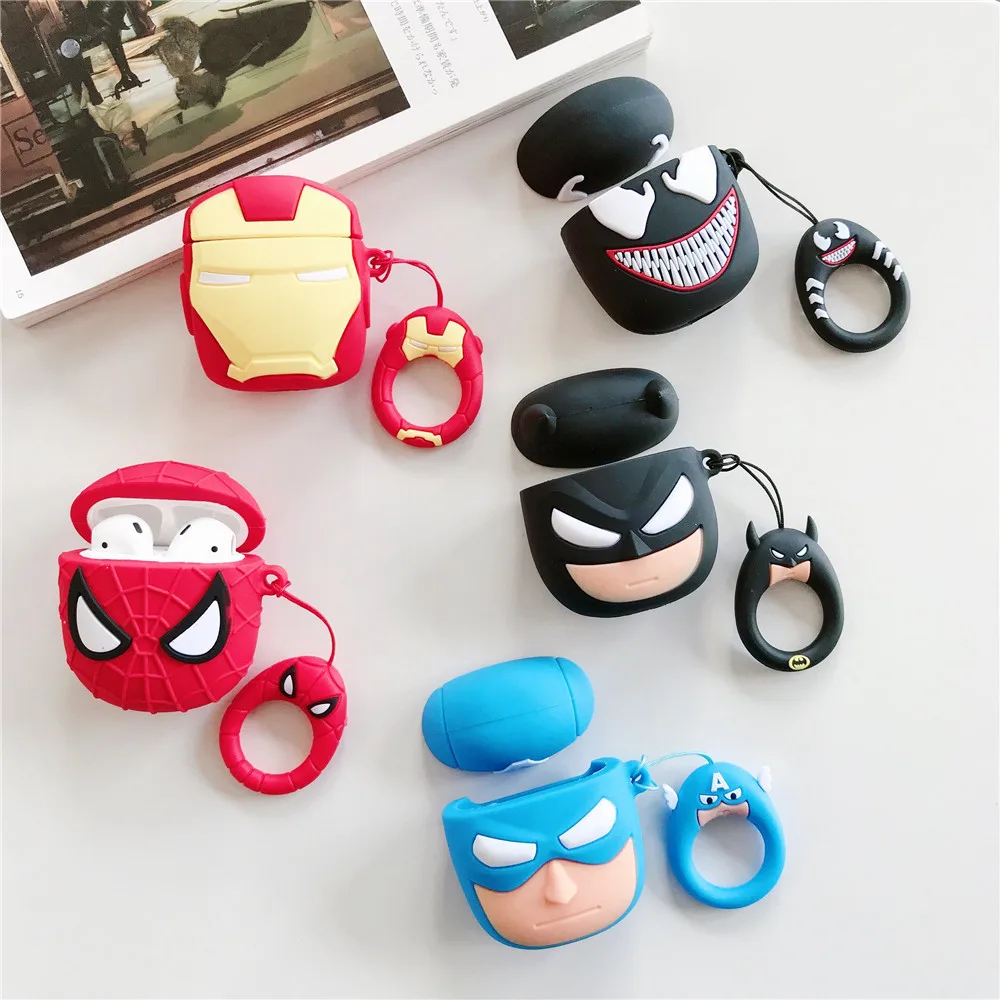 Милый мультфильм Superheros Bluetooth наушники чехол защитный чехол Аксессуары для кожи для Airpods Чехлы зарядная коробка с кольцом ремень