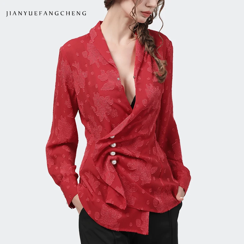 Fashion Blue Embossed Women' Shirt Long Sleeve