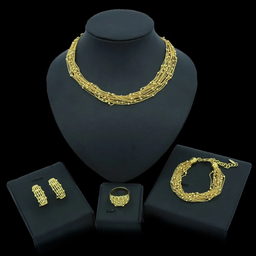 Yulaili, новинка, Дубай, золотые ювелирные наборы, модное золотое ожерелье, серьги-гвоздики, браслет, кольцо для женщин, нигерийские Свадебные украшения