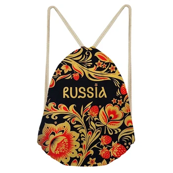 

Khokloma Polyester Drawstring Bag With Russian Folk Art Patterns Mini Beach Pouch Girls School Shoulder Bags Personalized 2020