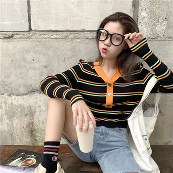 

Autumn And Winter New Contrast Color V-neck Striped Short Long-sleeved Sweater Slim Button Knit Tops