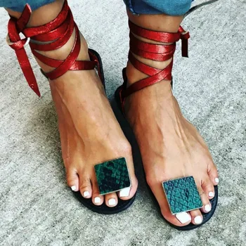 

Women Ankle Strap Roman Sandals Flat Bottom Summer Lace-up Clip Toe Leopard Snake Skin Large Size Female Shoes Sandalias Mujer