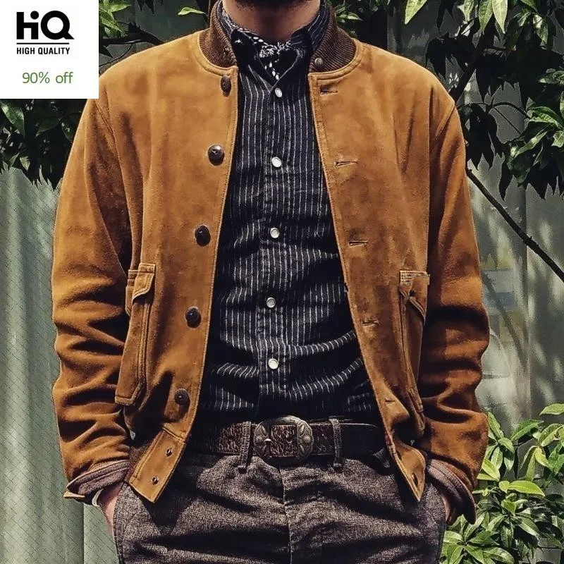 

Vintage Cow Suede Jacket Men Genuine Leather Bomber Jackets Stand Collar Single Breasted Solid Pilot Coats Male Fashion Overcoat