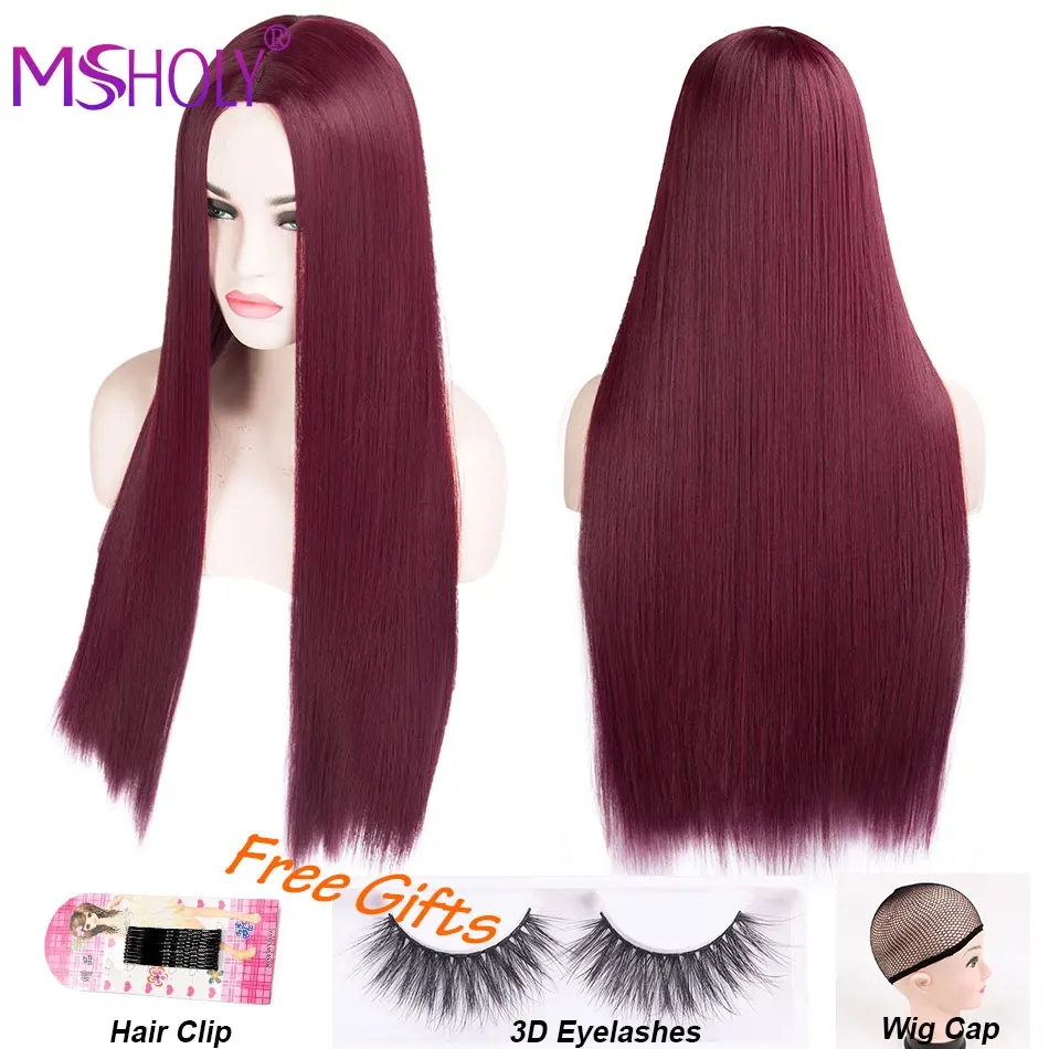 Long Straight Black Wig Synthetic Hair Wig With Bangs Red Burgundy Pink Ombre 613 Blonde Long Hair Wigs for Women Msholy