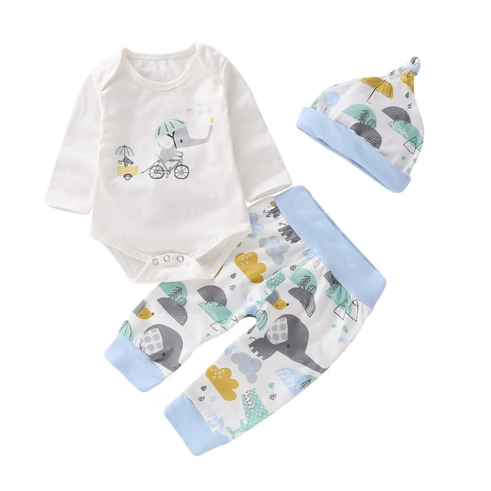 Lovely Newborn Baby Girls Clothes Sets elephant 3Pcs Long Sleeve Romper+Floral Pants+ Cap Baby Girl Autumn Cotton Outfits