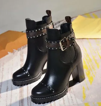 

2019 Black Leather Boots Women High Quality Round Toe Chunky Heels Lace-up Platform Boots High Winter Short Booties