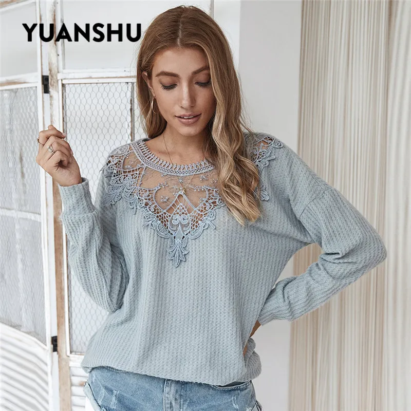 

YUANSHU Lace Hollow Out Pullover Sweater Women O-Neck Patchwork Long Sleeve Loose Sweaters Spring Autumn Women Clothes