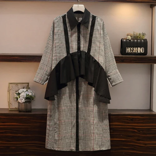 

Plus Size XL-4XL Women Autumn Winter Dress Plaid Patchwork Ruffles Long Sleeve Single Breasted Dress Female Loose Fashion Dress