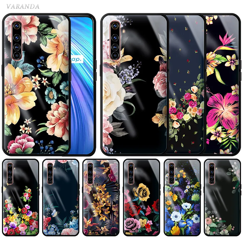 Чехол с цветами и розовыми стеклами для Realme 5 6 Pro XT C3 Oppo A52 A9 2020 Find X2Lite чехлы мягкими