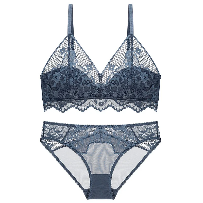 RoyalBlUE Сексуальный кружевной комплект нижнего белья, винтажное белье, тонкая чашка, беспроводной бюстгальтер с прозрачными трусиками, кружевной бюстгальтер для женщин - Цвет: RoyalBlUE