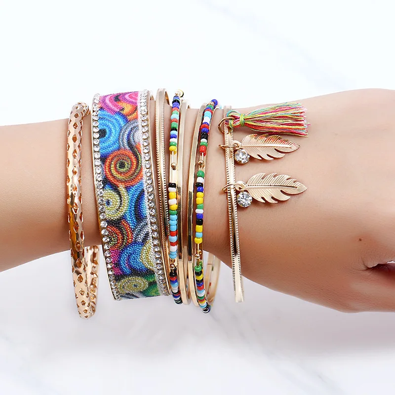 

Multi Layered Women Colorful Cuff Bangles/Bracelet Set Metal Alloy Boho Charm Wrist Jewelry Summer Beach Statement Bangle