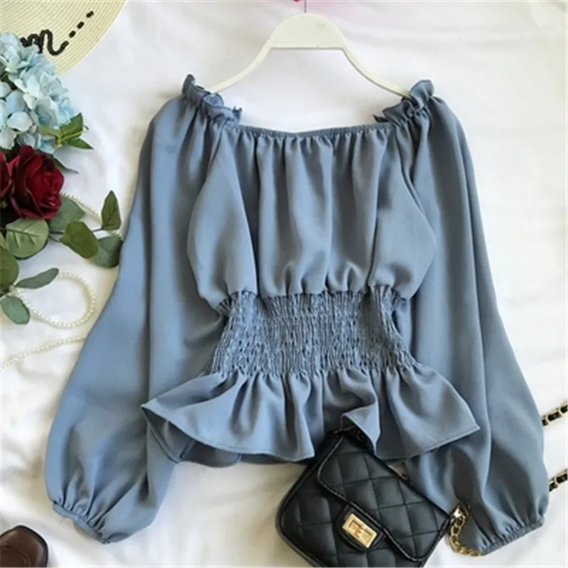 2020 Autumn Chiffon White Blouse Shirt Off Shoulder Crop Top Long Sleeve Blouses Ruffles Solid Sexy Blusa Mujer Black Tops 2