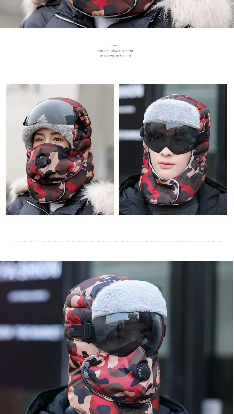 RUHAO унисекс зимняя шапка-бомбер мужские очки камуфляж для езды, катания на лыжах шапка Россия плюс бархат утепленные шапки-ушанки теплая шапка