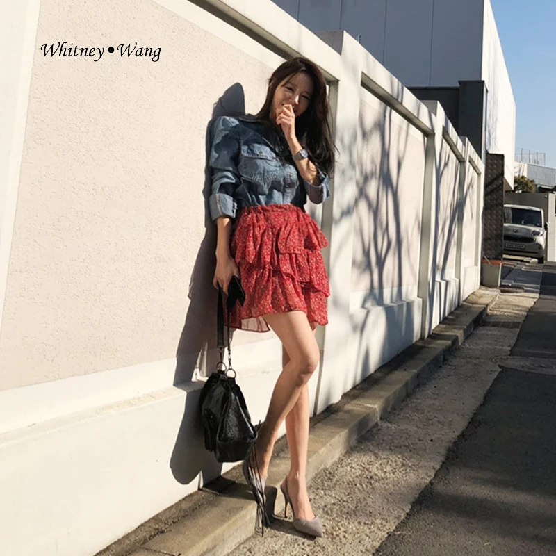 WHITNEY WANG весенне-летняя модная уличная одежда в Корейском стиле с цветочным принтом и оборками, Женская юбка, милые летние юбки для девочек
