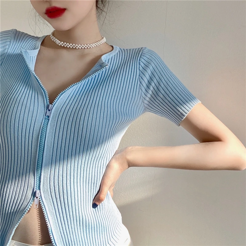 

2022 Summer Women'S Scheming Sexy Irregular Hem Umbilical Blouse Was Thin V-Neck Sweater Coat Slim Cardigan Short Sleeves