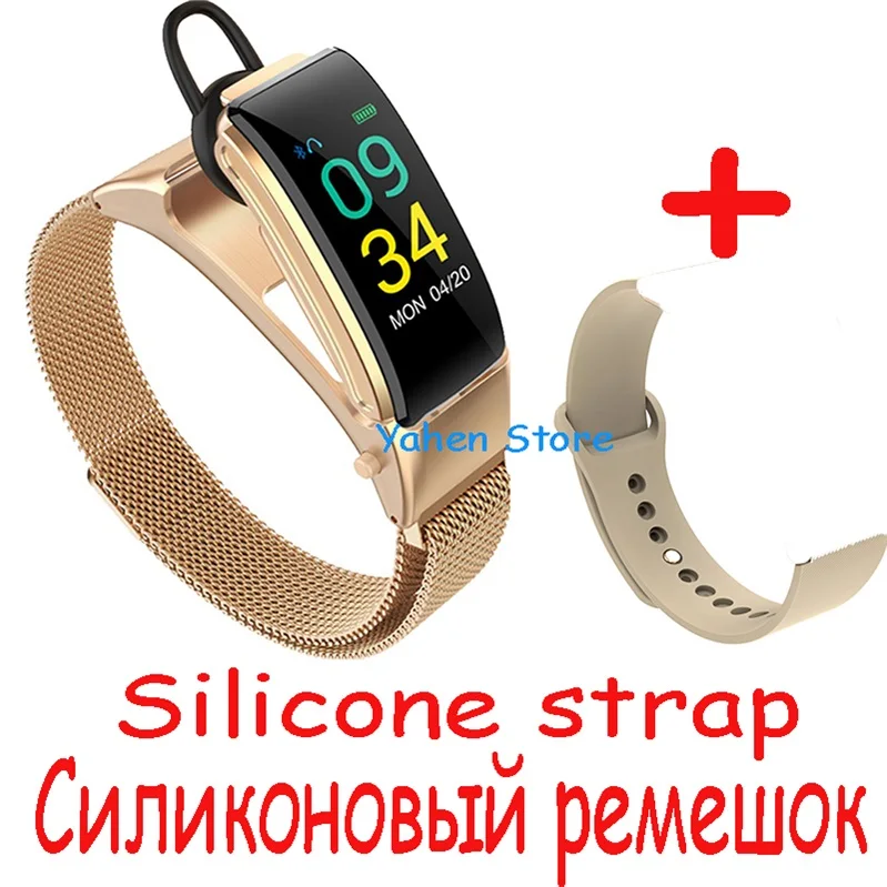 Умный браслет с bluetooth-гарнитурой, смарт-браслет, наручные часы с музыкальным управлением, шагомер, монитор сна для iOS, Android, мужчин - Цвет: Gold with 2 straps