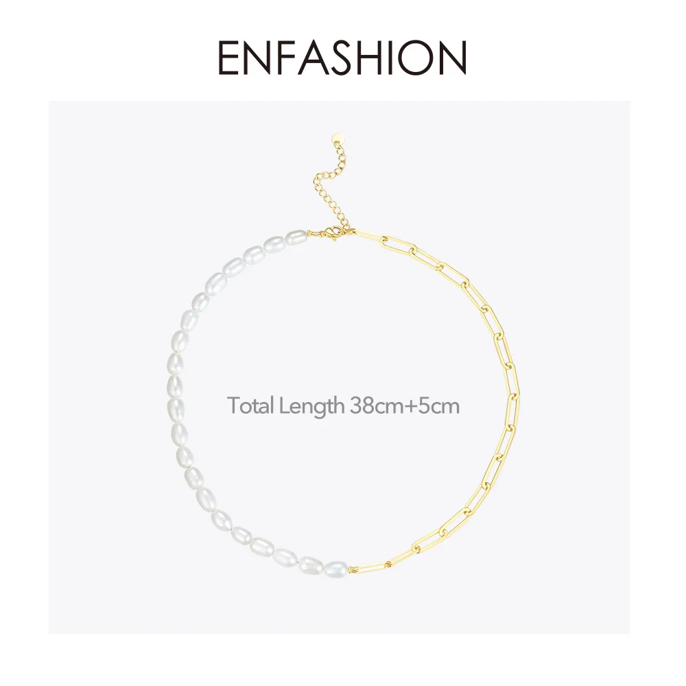 ENFASHION Natural Pearl Link Chain Choker Necklace Women Gold Color Stainless Steel Lady Necklace Fashion Femme Jewelry P193051