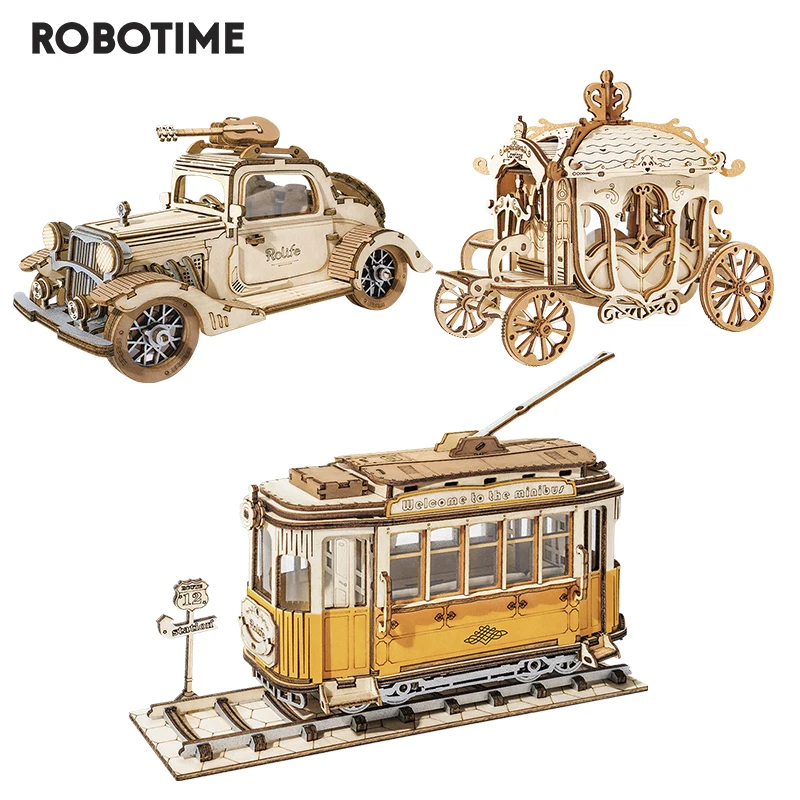 Robotime 3 tipos de 3D transporte rompecabezas de madera juego de ensamblaje Vintage coche tranvía juguete de carruaje regalo para niños adultos