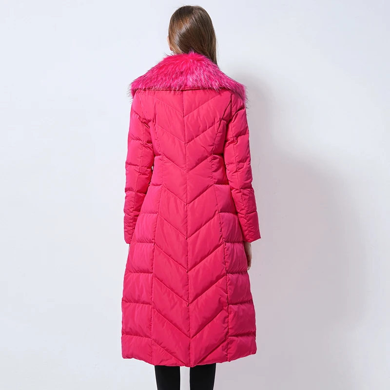 Chic Winter Women Long Down jacket With belt Thick warm Slim Female down coat Rose red Real fur collar Outwear YNZZU 9O067