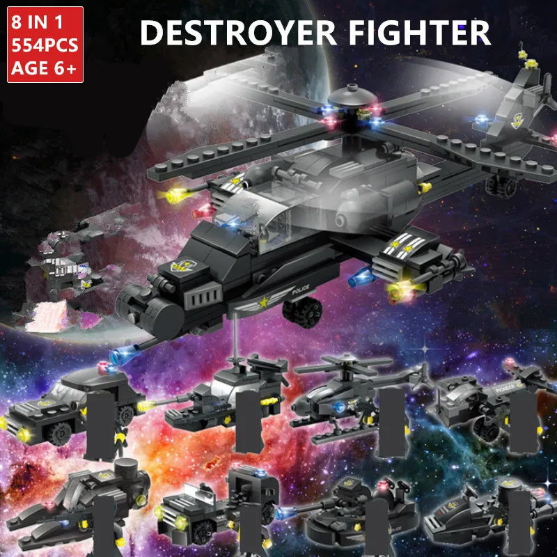 8Pcs lot City Police SWAT Attack Helicopter Truck Building Blocks ARMY LegoINGLs Bricks Figures Toy For 1