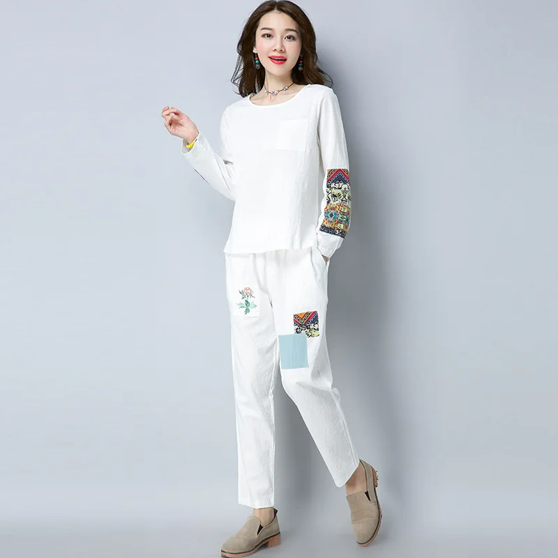 

2019 Autumn New Style Retro National Wind WOMEN'S Dress Applique Long Sleeve Cotton Linen Tops + Baggy Pants Fashion Leisure Sui