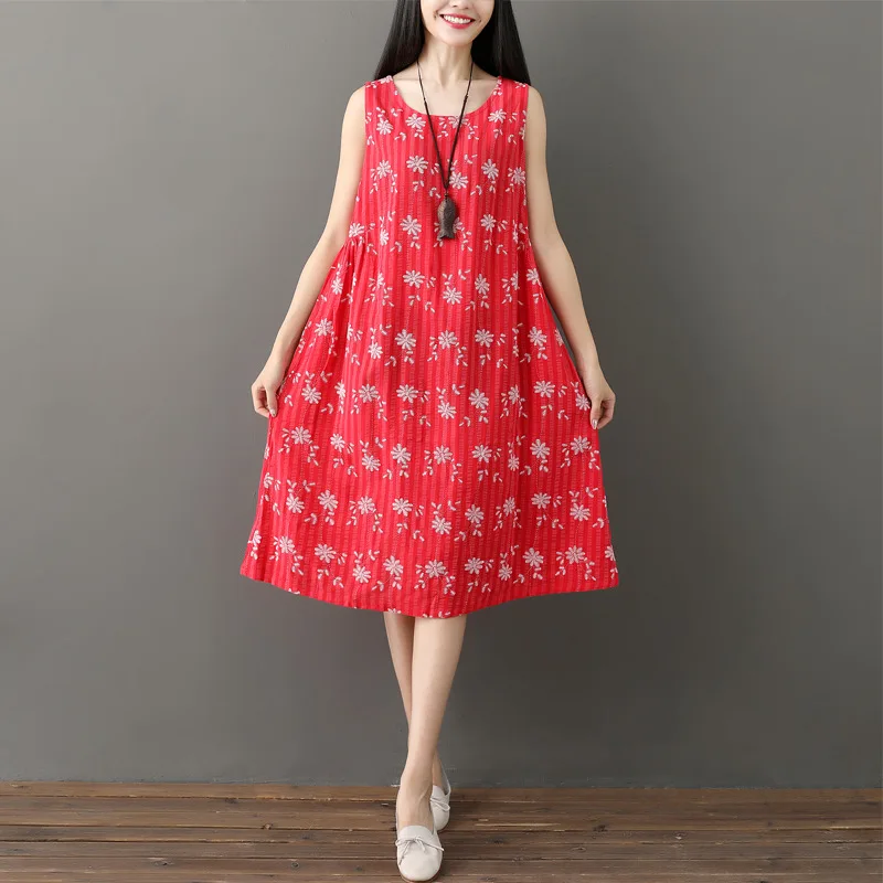 

2019 Summer New Style Literature And Art Retro Cotton Linen Mid-length Dress Loose And Plus-sized Versatile Sleeveless Vest Skir
