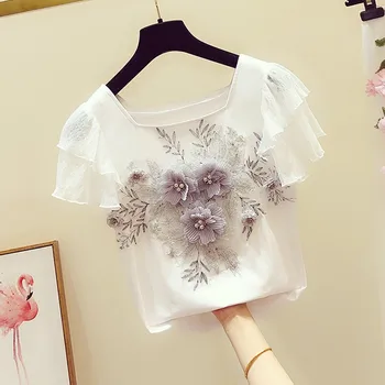 

2020 Spring Summer New Sweet Beaded Flower Embroidered Tee Shirt Women Square Neck Short Sleeve T-shirt Female Casual Tee Tops