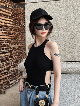 

Free shipping Sexy waist cutout tight elastic stretch jumpsuit ladies summer sleeveless leaky shoulder hanging neck tops wild
