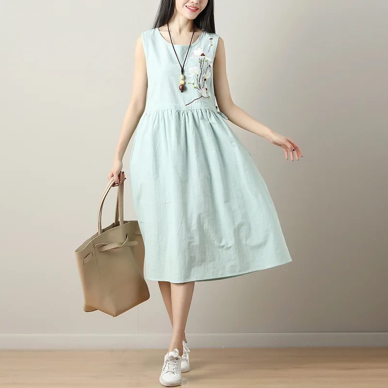 

2018 Spring And Summer New Style Ethnic-Style Large Size Cotton Linen Embroidery Elastic Waist Sleeveless Big Hemline Dress WOME