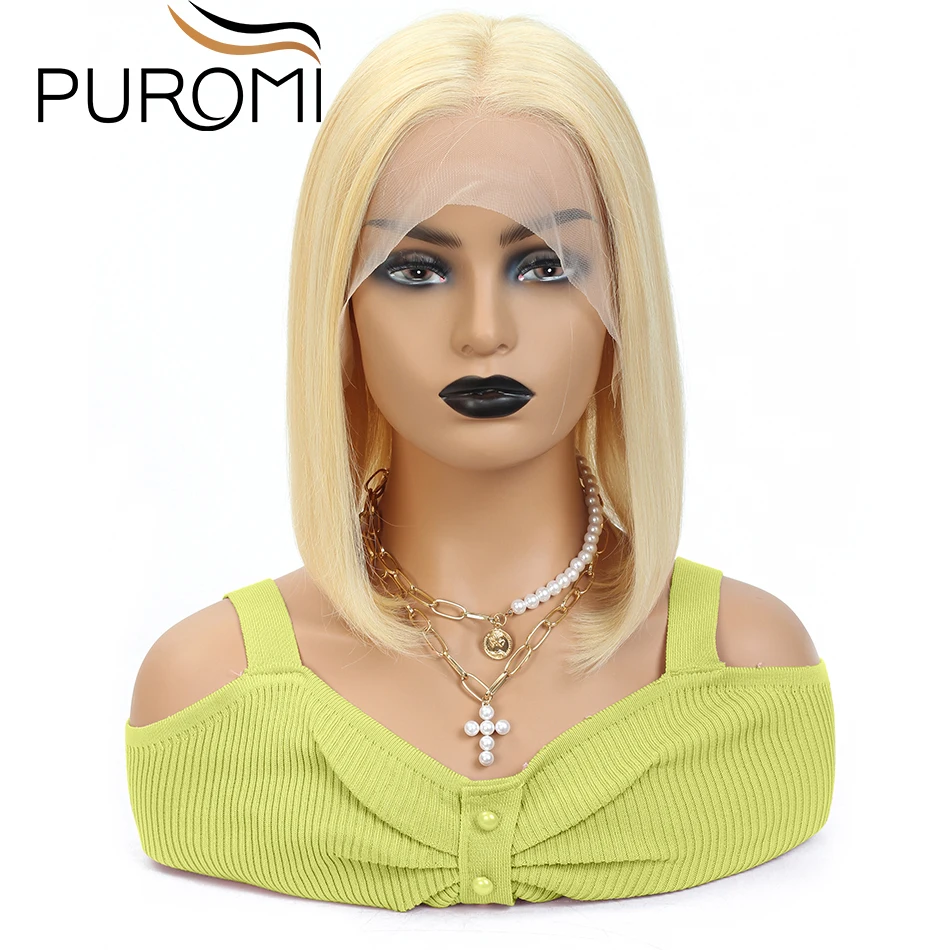 Puromi Синтетические волосы на кружеве человеческие волосы парик бразильский 613 блондинка короткие парики для детей от 8 до 16 дюймов 13x4 Синтетические волосы на кружеве парик ручной работы с перекрестной шнуровкой для Для женщин