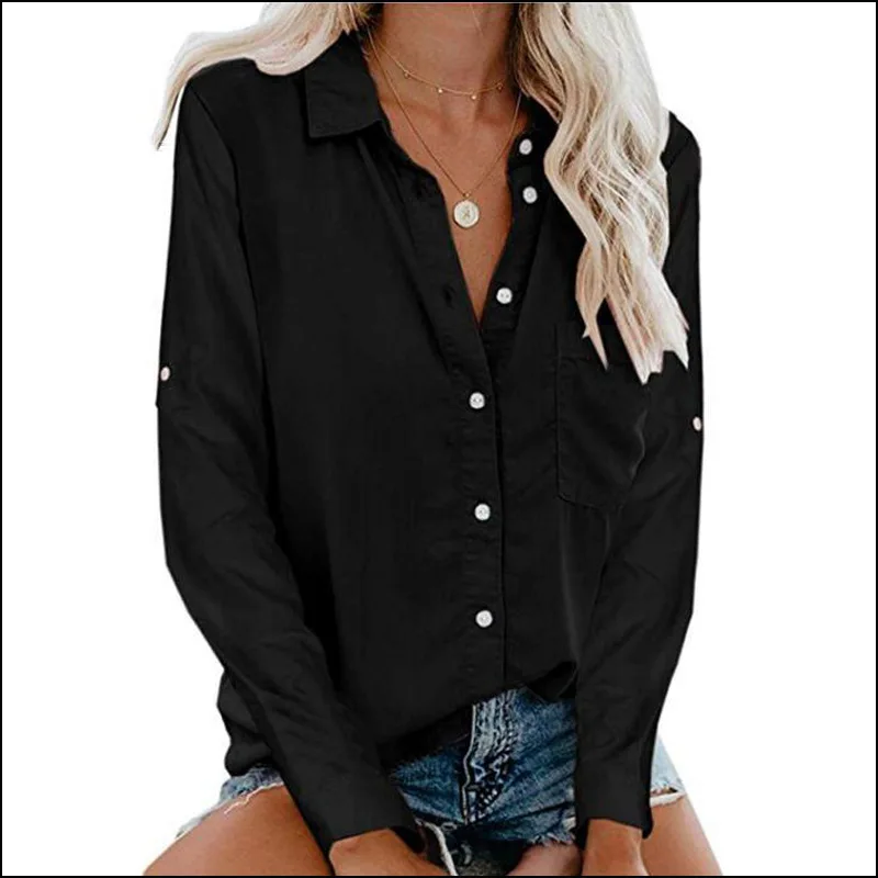 2019 Осенние новые женские топы и рубашки с карманами повседневные свободные