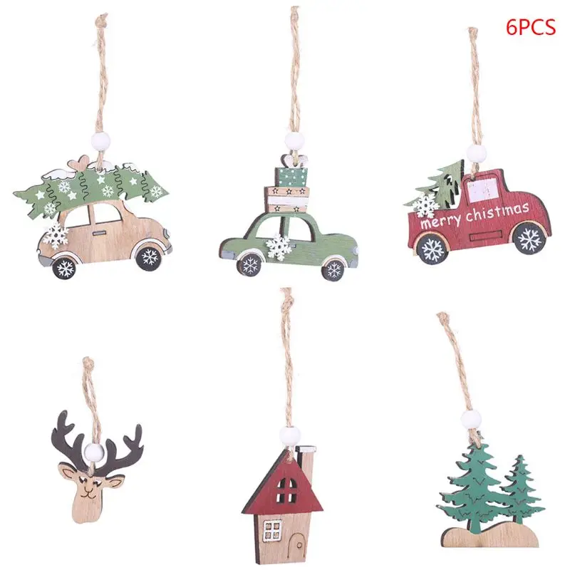 

6Pcs Wooden Hanging Christmas Tree Cabin Elk Car Hanging Pendant Xmas Ornament