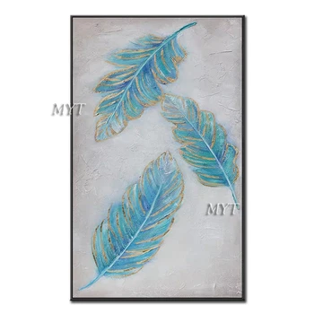 

New Blue Gold Feather Oil Painting Hand-painted Feather Art Canvas Oil Paintings Wall Pictures Art For Living Room Decoration