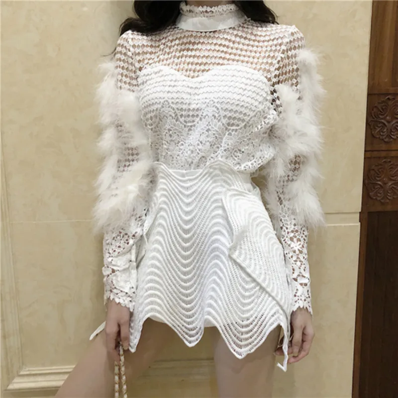 

Korean Sexy Hollow-out Women 2 Pieces Sets 2020 New Lace Feather Patchwork Tops + Irregular High Waist Skirt Shorts Sets