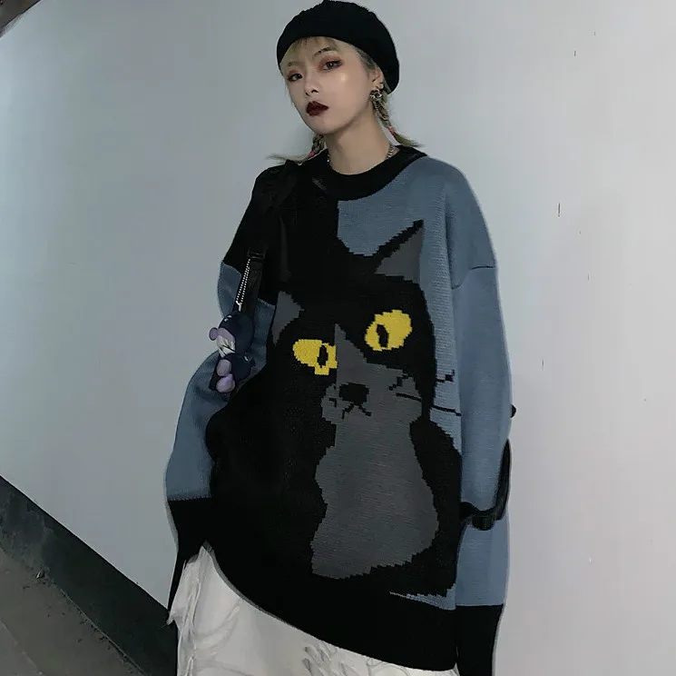 Neploe Ретро мультфильм кошка жаккардовый пуловер, свитер для женщин и мужчин повседневные трикотажные джемперы корейский длинный рукав Pull Femme 55055