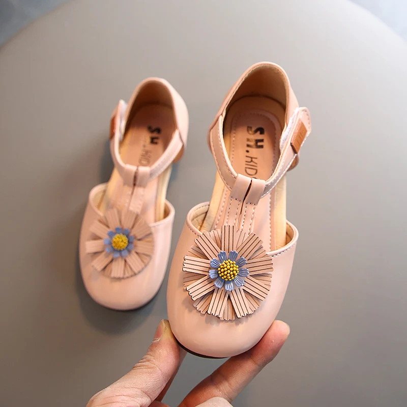 

2020 Spring Children Girls Shoes Sunflower T Strap Flat
