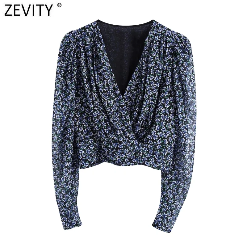 Zevity New Women Sweet Corss V Neck Floral Print Short Chiffon Blouse Ladies Puff Sleeve Hem Elastic Shirt Chic Crop Tops LS9900 | Женская