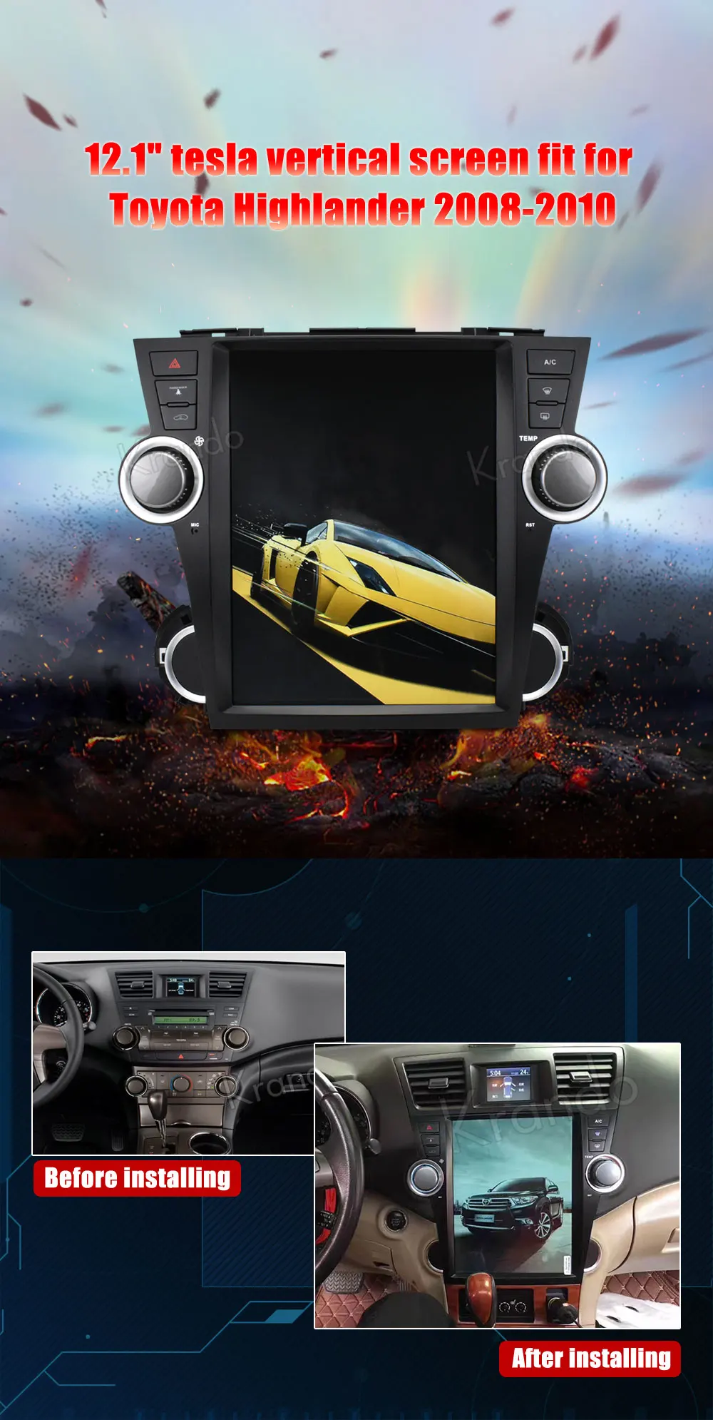 Krando Android 8,1 12," вертикальный экран автомобиля развлечения плеер gps для Toyota Highlander 2008-2010 радио навигационная система