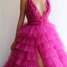 Ярко-розовые многоярусные платья для выпускного вечера с разрезом по бокам глубокий v-образный вырез вышивка Пышное Бальное Платье вечернее платье с оборками длинное официальное вечернее платье