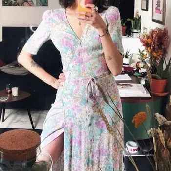 

Women Short Sleeve Wrap Midi Dress 2020 New Summer 100% Viscose V-neck Flower Printed Holiday Split Long Dresses Sundress