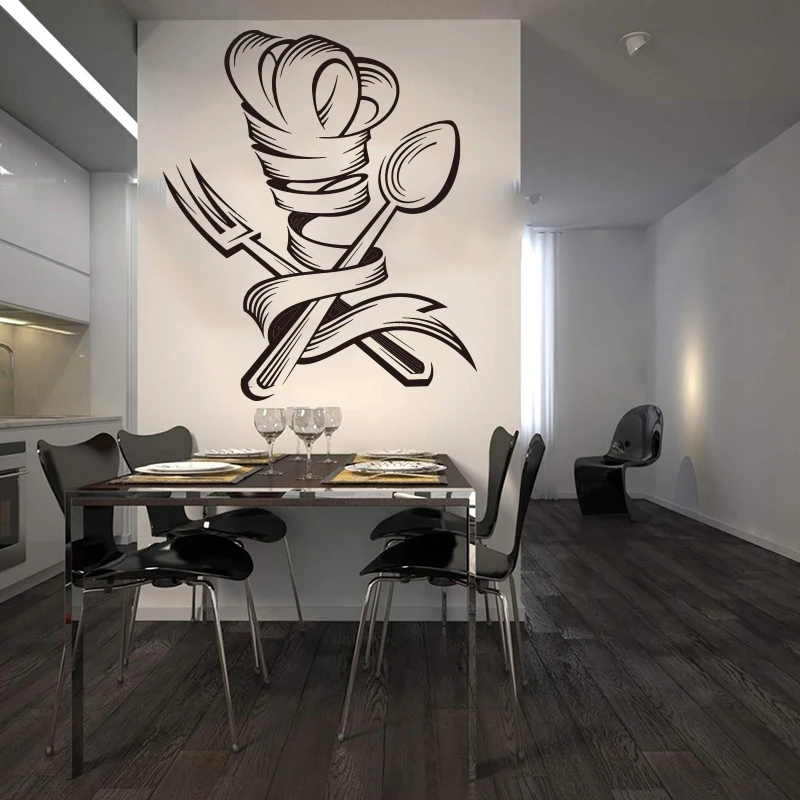 Large Kitchen Spoon fork Chef Wall Sticker Dinning Room Kitchen Tool Chef Cook Cooker Wall Decal Kitchen Vinyl Home Decor (1)