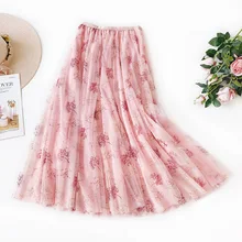 Летние модные тюлевые юбки женские сетчатые юбки длинные юбки элегантные розовые сетчатые юбки с цветочным принтом плиссированные юбки с высокой талией