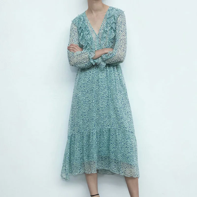 KUMSVAG 2020 Summer Women Vintage Dresses V-Neck Long Sleeve Cascading Ruffle Chiffon Female Elegant Fashion Print Dress | Женская