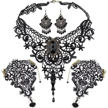 

Gothic Lolita Lace Earring & Black Lace Pendant Choker Cosplay Dress Up Accessory for Women Girls Wedding Birthday Costume